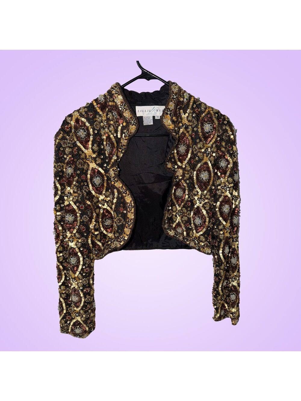 Vintage 80s-90s Lillie Rubin 100% Silk Beaded Sequin Bolero Jacket Size 14